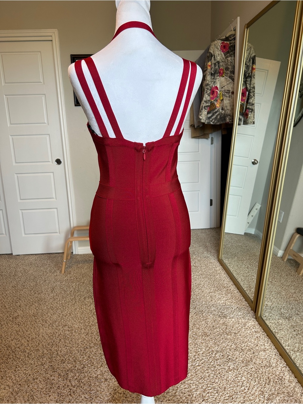 BEBE Red Halter Bandage Bodycon Strappy Evening Going Out Dress Size Medium - Picture 5 of 10
